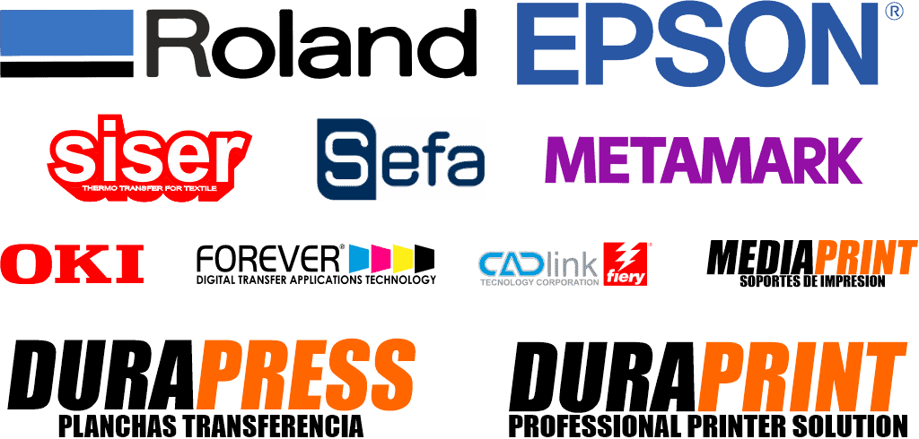 Marcas que distribuye M2M Sistemas: Roland, Epson, Siser, Sefa, Metamark, OKI, Forever, CADlink, Mediaprint, Durapress y Duraprint