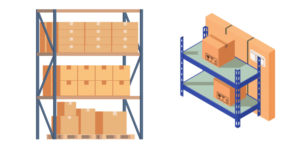 Almacén de M2M Sistemas con estanterías de producto en stock