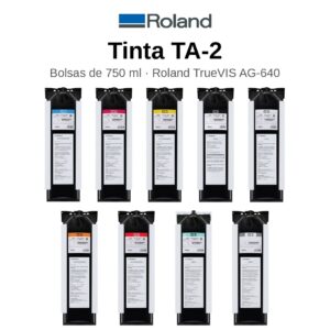 Gama de tintas Roland TA-2 en bolsas de 750 ml para la TrueVIS AG-640: cian, magenta, amarillo, negro, blanco, naranja, rojo, optimizador y líquido de limpieza
